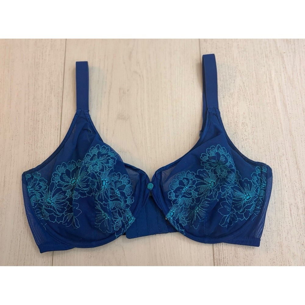 Wacoal 855250 Fragile Drama Underwire Bra Sz 36DDD Blue Floral Lace Sheer
